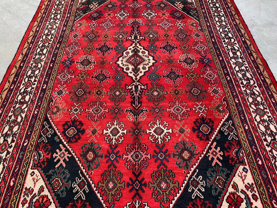 Handgemaakt Perzisch wollen vloerkleed 7x10 - Rood, ivoor & marineblauw traditioneel geometrisch medaillon Perzisch stijl kleed - Exacte afmeting 10'3" x 7'4" - KBHM-1044