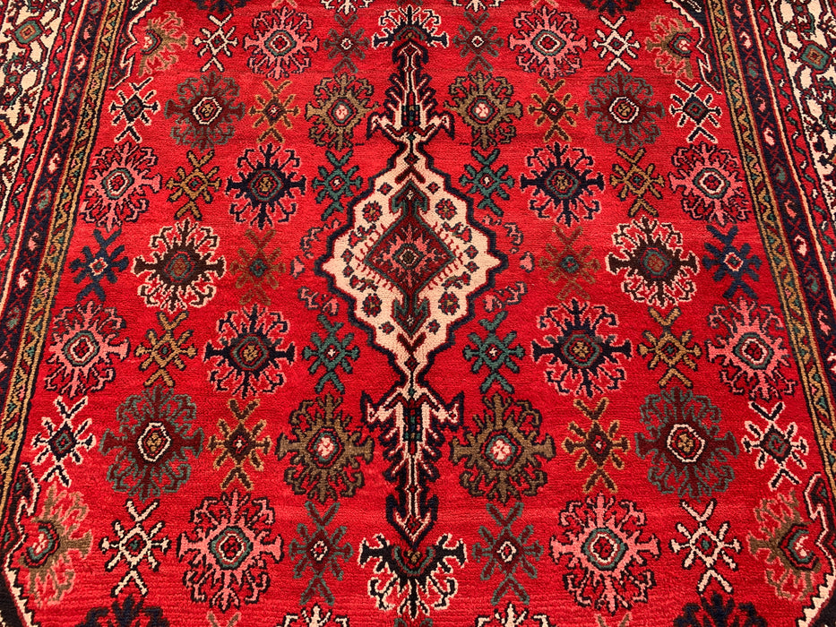 Handgemaakt Perzisch wollen vloerkleed 7x10 - Rood, ivoor & marineblauw traditioneel geometrisch medaillon Perzisch stijl kleed - Exacte afmeting 10'3" x 7'4" - KBHM-1044