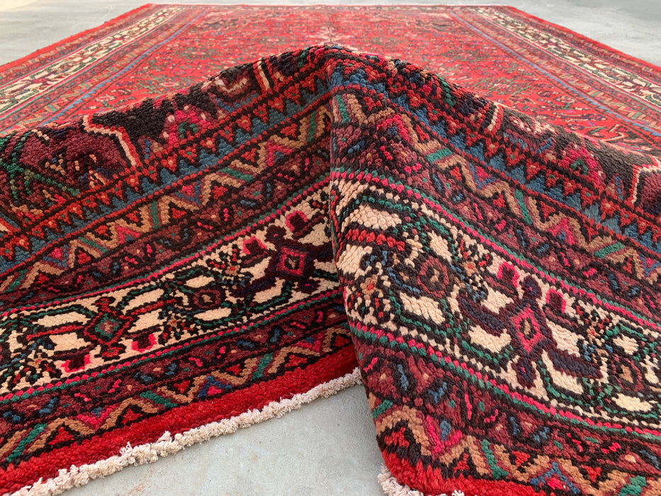 Handgemaakt Perzisch wollen vloerkleed 7x10 - Rood, ivoor & marineblauw traditioneel geometrisch medaillon Perzische stijl kleed - Exacte afmeting 10'6" x 6'8" - KBHM-1045