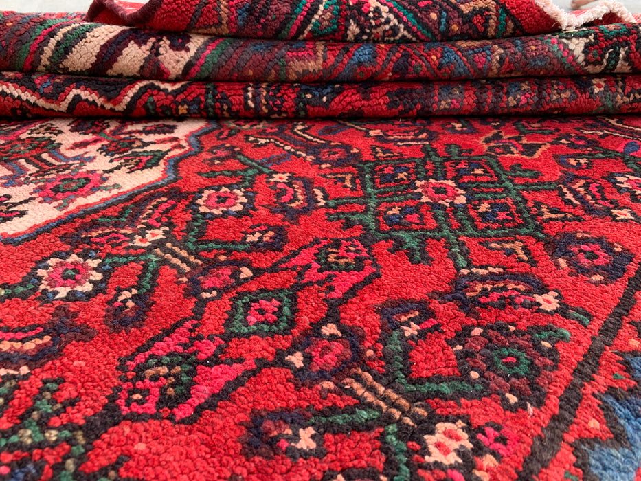 Handgemaakt Perzisch wollen vloerkleed 7x10 - Rood, ivoor & marineblauw traditioneel geometrisch medaillon Perzische stijl kleed - Exacte afmeting 10'6" x 6'8" - KBHM-1045