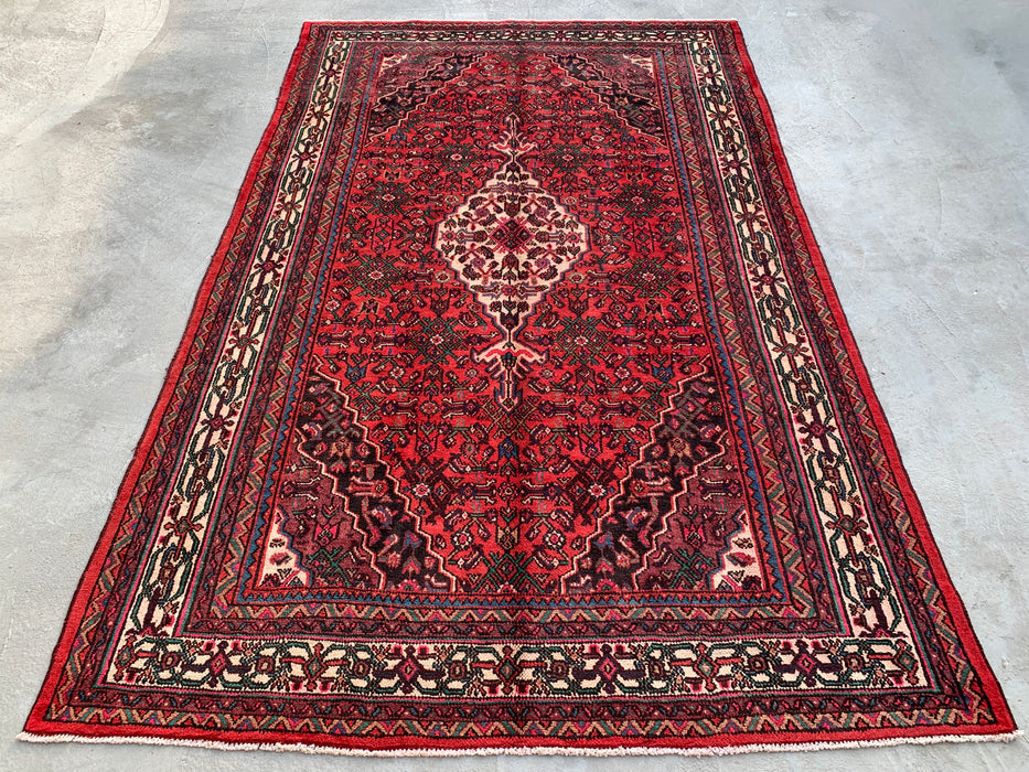 Handgemaakt Perzisch wollen vloerkleed 7x10 - Rood, ivoor & marineblauw traditioneel geometrisch medaillon Perzische stijl kleed - Exacte afmeting 10'6" x 6'8" - KBHM-1045