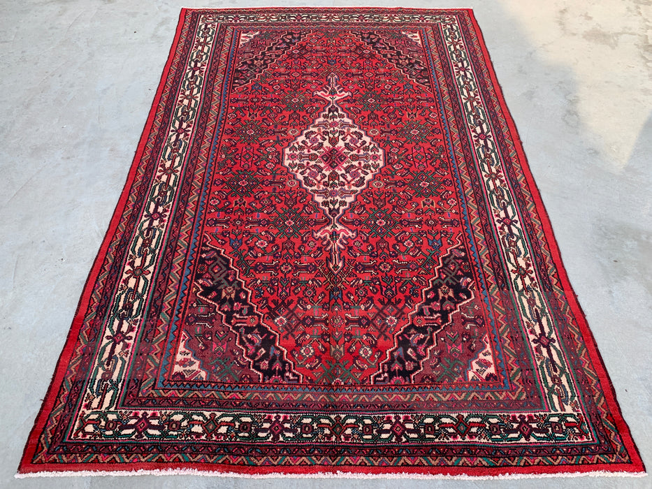 Handgemaakt Perzisch wollen vloerkleed 7x10 - Rood, ivoor & marineblauw traditioneel geometrisch medaillon Perzische stijl kleed - Exacte afmeting 10'6" x 6'8" - KBHM-1045