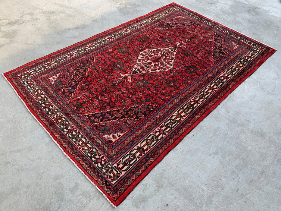 Handgemaakt Perzisch wollen vloerkleed 7x10 - Rood, ivoor & marineblauw traditioneel geometrisch medaillon Perzische stijl kleed - Exacte afmeting 10'6" x 6'8" - KBHM-1045