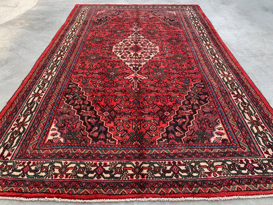 Handgemaakt Perzisch wollen vloerkleed 7x10 - Rood, ivoor & marineblauw traditioneel geometrisch medaillon Perzische stijl kleed - Exacte afmeting 10'6" x 6'8" - KBHM-1045