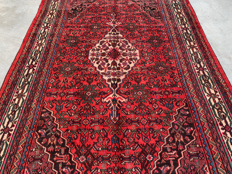 Handgemaakt Perzisch wollen vloerkleed 7x10 - Rood, ivoor & marineblauw traditioneel geometrisch medaillon Perzische stijl kleed - Exacte afmeting 10'6" x 6'8" - KBHM-1045