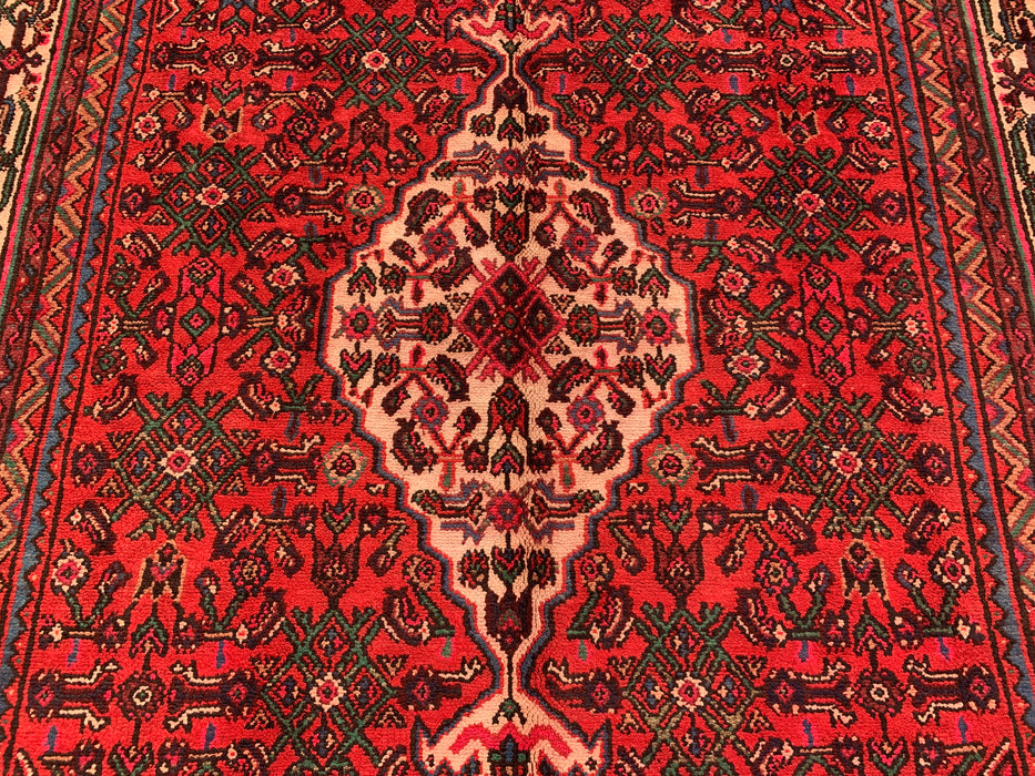 Handgemaakt Perzisch wollen vloerkleed 7x10 - Rood, ivoor & marineblauw traditioneel geometrisch medaillon Perzische stijl kleed - Exacte afmeting 10'6" x 6'8" - KBHM-1045