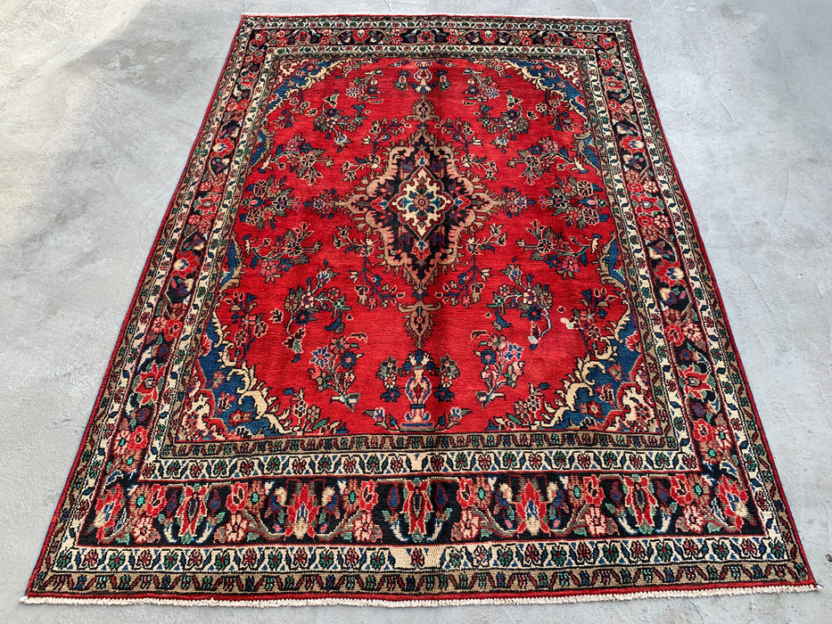 Handgemaakt Perzisch wollen vloerkleed 213x305 cm - Rood, blauw & ivoorkleurig traditioneel Perzisch medaillonkleed - Exacte afmeting 295 cm x 213 cm - KBHM-1047
