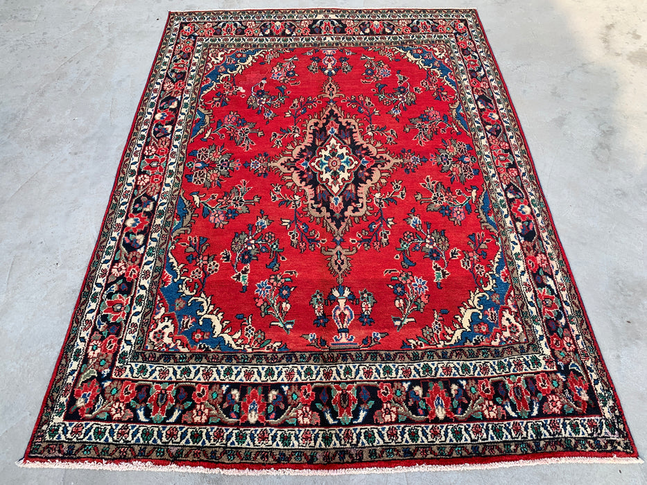 Handgemaakt Perzisch wollen vloerkleed 213x305 cm - Rood, blauw & ivoorkleurig traditioneel Perzisch medaillonkleed - Exacte afmeting 295 cm x 213 cm - KBHM-1047