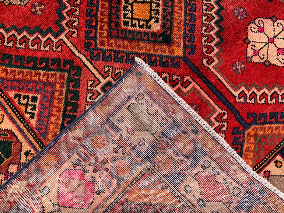Handgemaakt Perzisch wollen vloerkleed 7x10 - Rood, marineblauw & ivoorkleurig tribaal geometrisch diamant Perzisch stijl kleed - Exacte afmetingen 9'11" x 5'6" - KBHM-1048