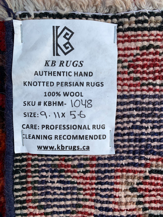 Handgemaakt Perzisch wollen vloerkleed 7x10 - Rood, marineblauw & ivoorkleurig tribaal geometrisch diamant Perzisch stijl kleed - Exacte afmetingen 9'11" x 5'6" - KBHM-1048