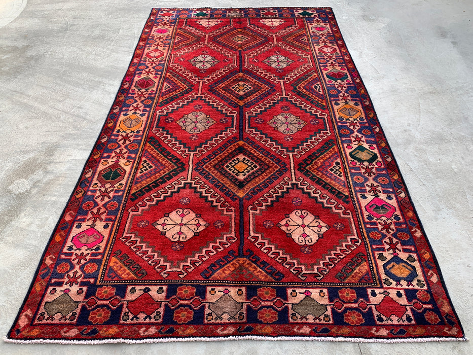 Handgemaakt Perzisch wollen vloerkleed 7x10 - Rood, marineblauw & ivoorkleurig tribaal geometrisch diamant Perzisch stijl kleed - Exacte afmetingen 9'11" x 5'6" - KBHM-1048