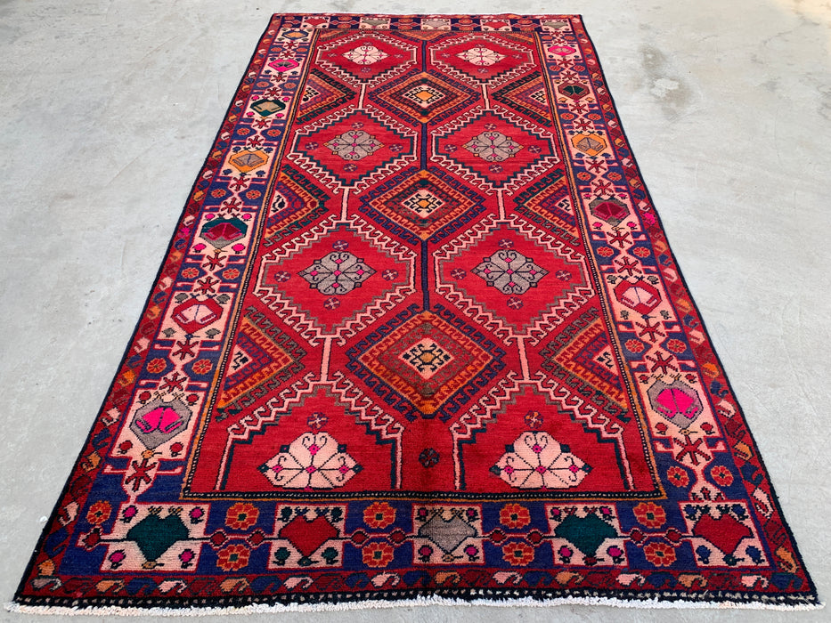 Handgemaakt Perzisch wollen vloerkleed 7x10 - Rood, marineblauw & ivoorkleurig tribaal geometrisch diamant Perzisch stijl kleed - Exacte afmetingen 9'11" x 5'6" - KBHM-1048