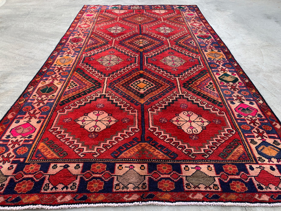 Handgemaakt Perzisch wollen vloerkleed 7x10 - Rood, marineblauw & ivoorkleurig tribaal geometrisch diamant Perzisch stijl kleed - Exacte afmetingen 9'11" x 5'6" - KBHM-1048