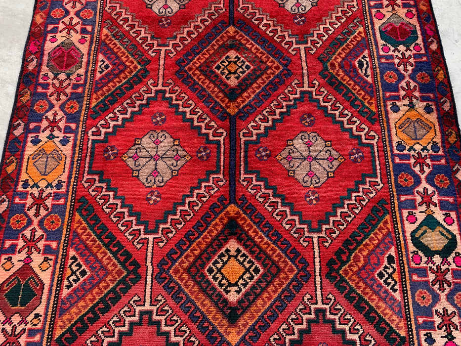 Handgemaakt Perzisch wollen vloerkleed 7x10 - Rood, marineblauw & ivoorkleurig tribaal geometrisch diamant Perzisch stijl kleed - Exacte afmetingen 9'11" x 5'6" - KBHM-1048