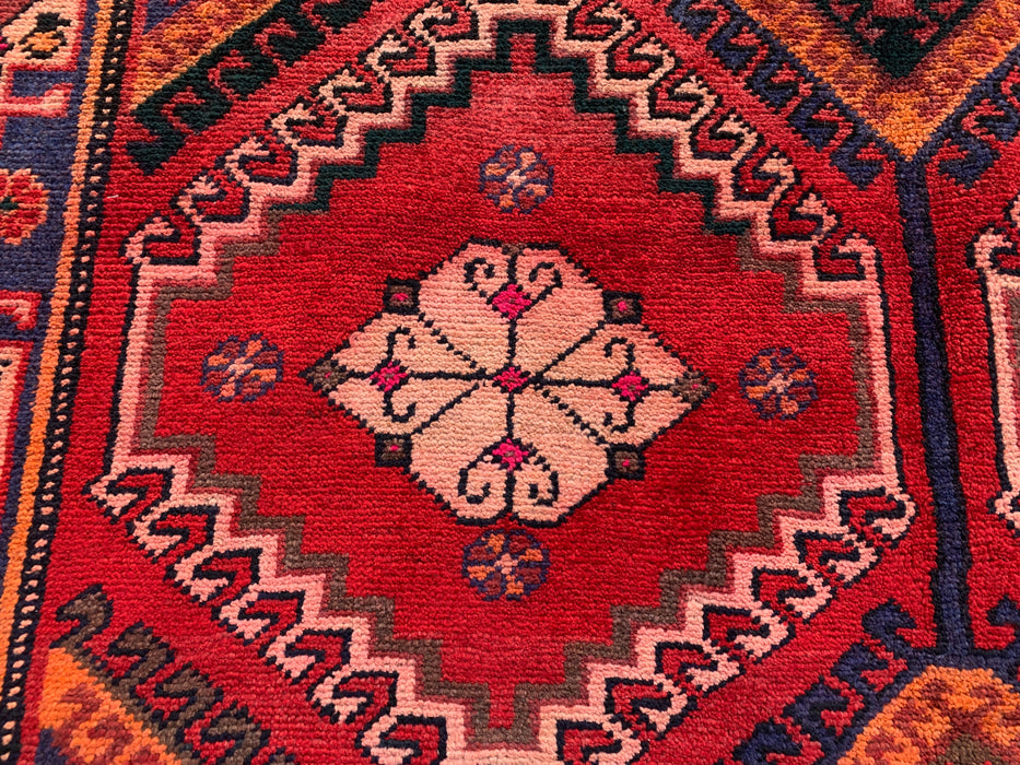 Handgemaakt Perzisch wollen vloerkleed 7x10 - Rood, marineblauw & ivoorkleurig tribaal geometrisch diamant Perzisch stijl kleed - Exacte afmetingen 9'11" x 5'6" - KBHM-1048