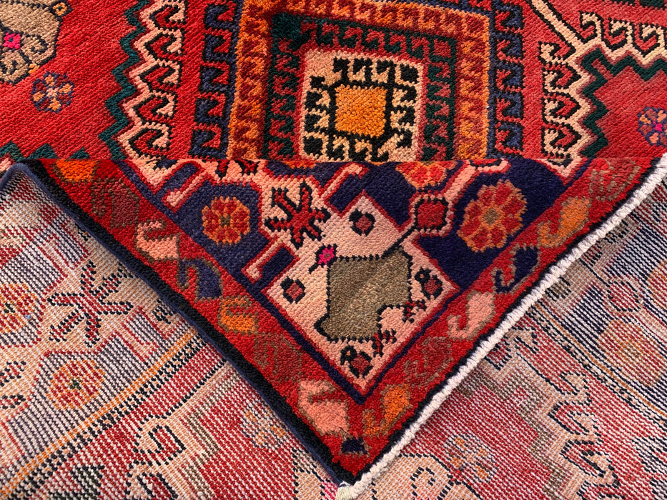 Handgemaakt Perzisch wollen vloerkleed 7x10 - Rood, marineblauw & ivoorkleurig tribaal geometrisch diamant Perzisch stijl kleed - Exacte afmetingen 9'11" x 5'6" - KBHM-1048