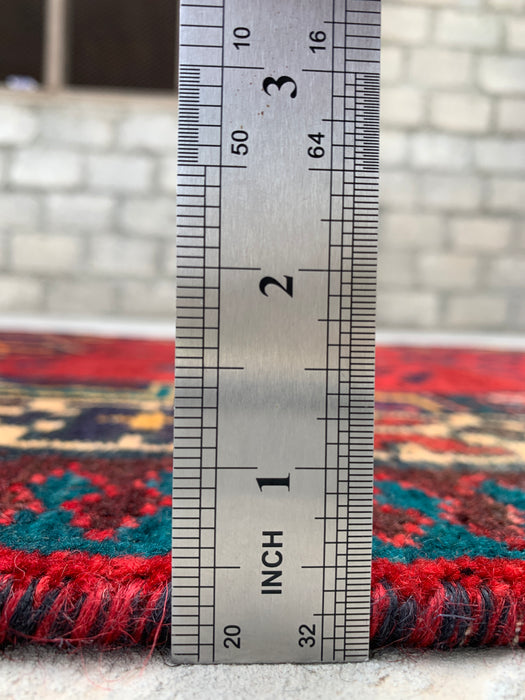 7'8 x 3'1 Handgeknoopt Perzisch wollen loperkleed in rood, marineblauw & ivoor met tribaal geometrisch medaillonontwerp | KBHM-1051