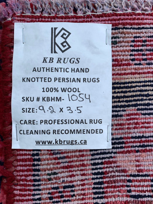 9'2 x 3'5 handgeknoopt Perzisch wollen loperkleed in rood, marineblauw & roze met traditioneel bloemenmedaillonontwerp | KBHM-1054