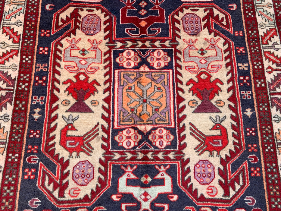10'4 x 3'9 handgeknoopt Perzisch wollen loperkleed in rood, marineblauw en ivoor met tribaal geometrisch design | KBHM-1055