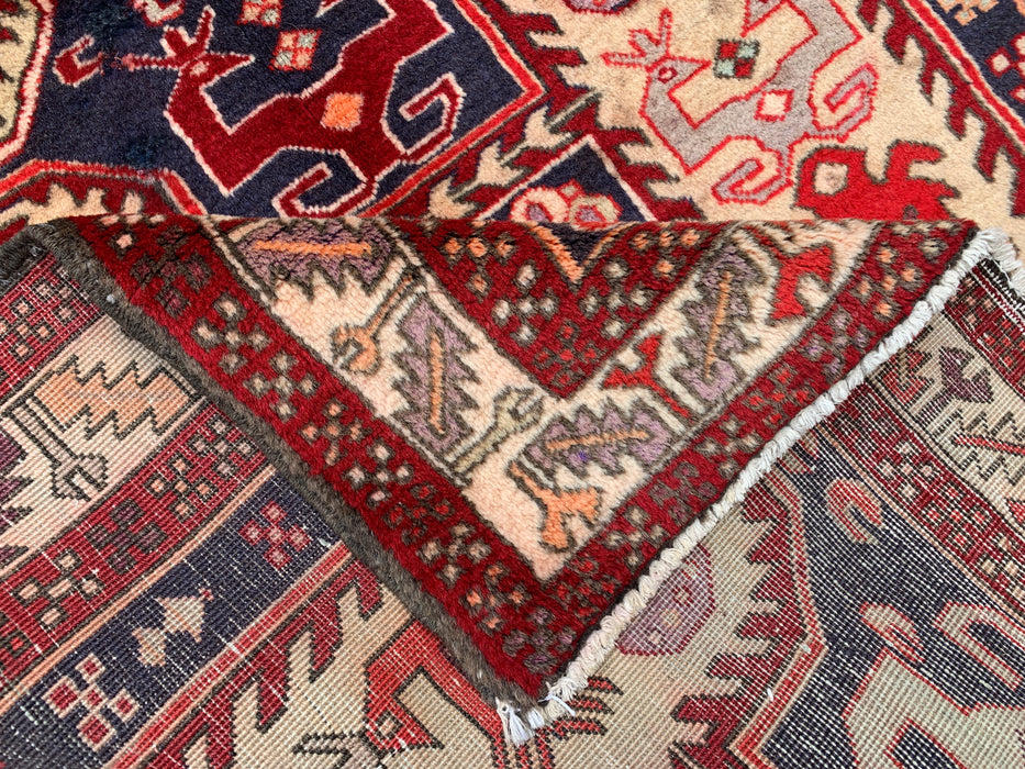 10'4 x 3'9 handgeknoopt Perzisch wollen loperkleed in rood, marineblauw en ivoor met tribaal geometrisch design | KBHM-1055