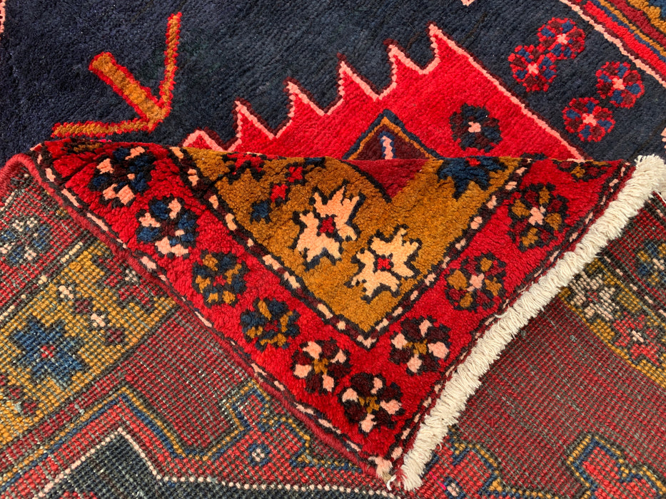11'5 x 3'8 Handgeknoopt Perzisch wollen loperkleed in rood, marineblauw en goud met tribaal geometrisch medaillonontwerp | KBHM-1056