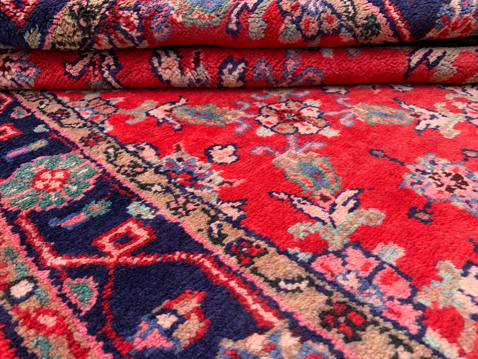 9'5 x 3'6 handgeknoopt Perzisch wollen loperkleed in rood, marineblauw & ivoor met traditioneel bloemendesign | KBHM-1057