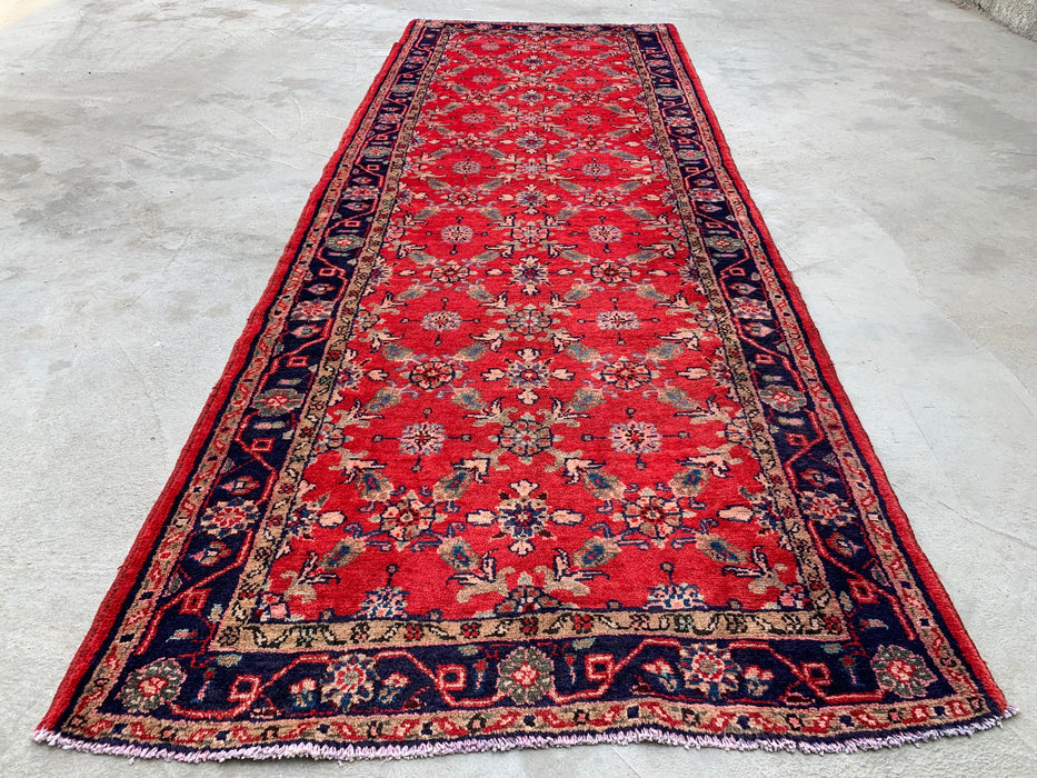 9'5 x 3'6 handgeknoopt Perzisch wollen loperkleed in rood, marineblauw & ivoor met traditioneel bloemendesign | KBHM-1057