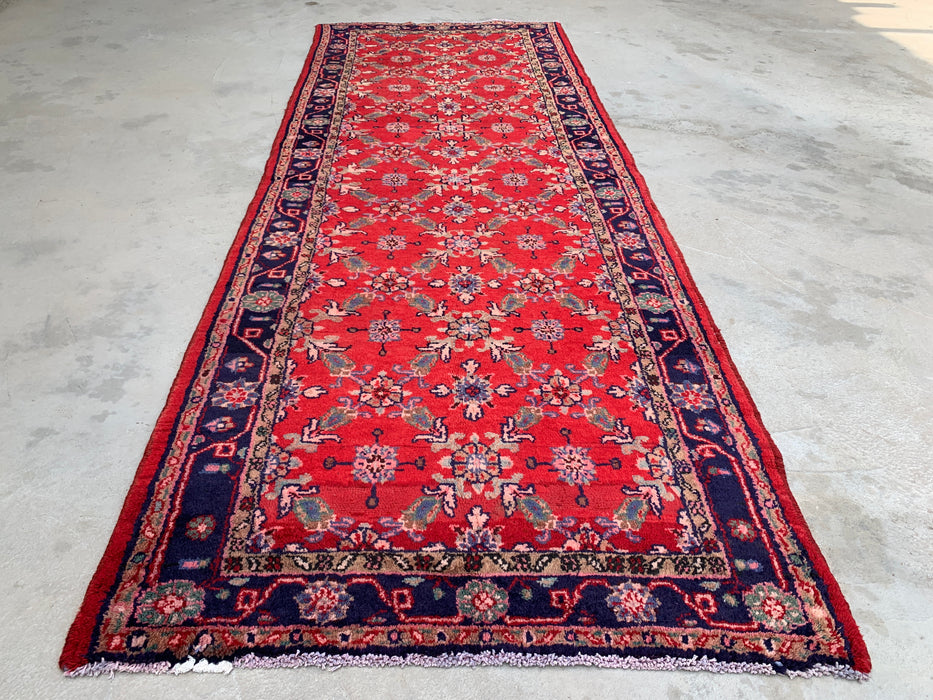 9'5 x 3'6 handgeknoopt Perzisch wollen loperkleed in rood, marineblauw & ivoor met traditioneel bloemendesign | KBHM-1057