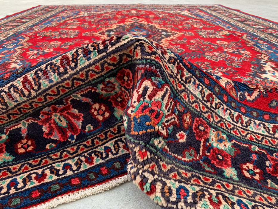11'8 x 8'9 handgeknoopt Perzisch wollen tapijt met traditioneel medaillonontwerp in rood, blauw en ivoor | KBHM-1058