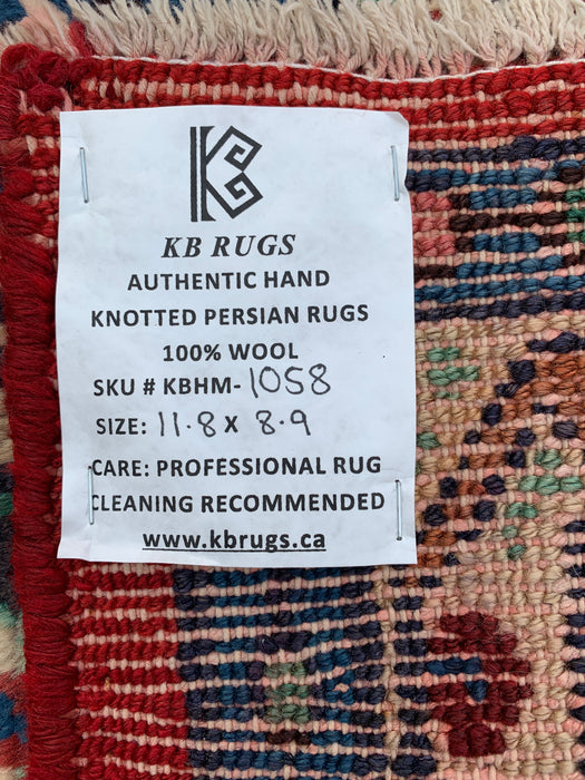 11'8 x 8'9 handgeknoopt Perzisch wollen tapijt met traditioneel medaillonontwerp in rood, blauw en ivoor | KBHM-1058