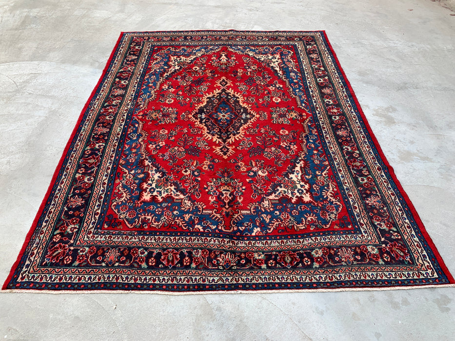 11'8 x 8'9 handgeknoopt Perzisch wollen tapijt met traditioneel medaillonontwerp in rood, blauw en ivoor | KBHM-1058