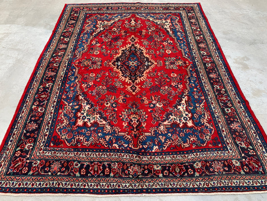 11'8 x 8'9 handgeknoopt Perzisch wollen tapijt met traditioneel medaillonontwerp in rood, blauw en ivoor | KBHM-1058