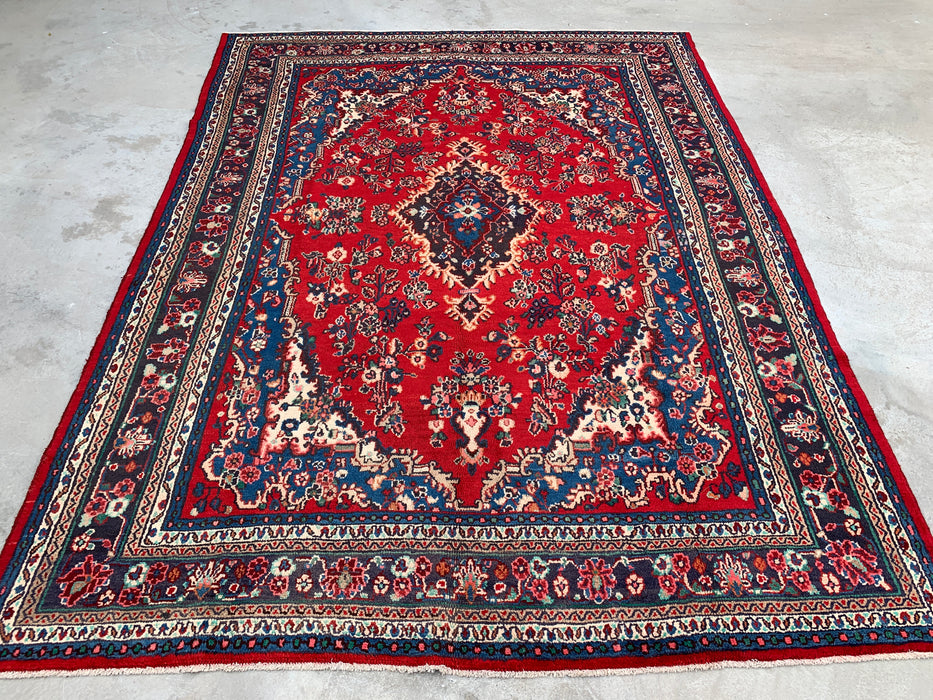 11'8 x 8'9 handgeknoopt Perzisch wollen tapijt met traditioneel medaillonontwerp in rood, blauw en ivoor | KBHM-1058