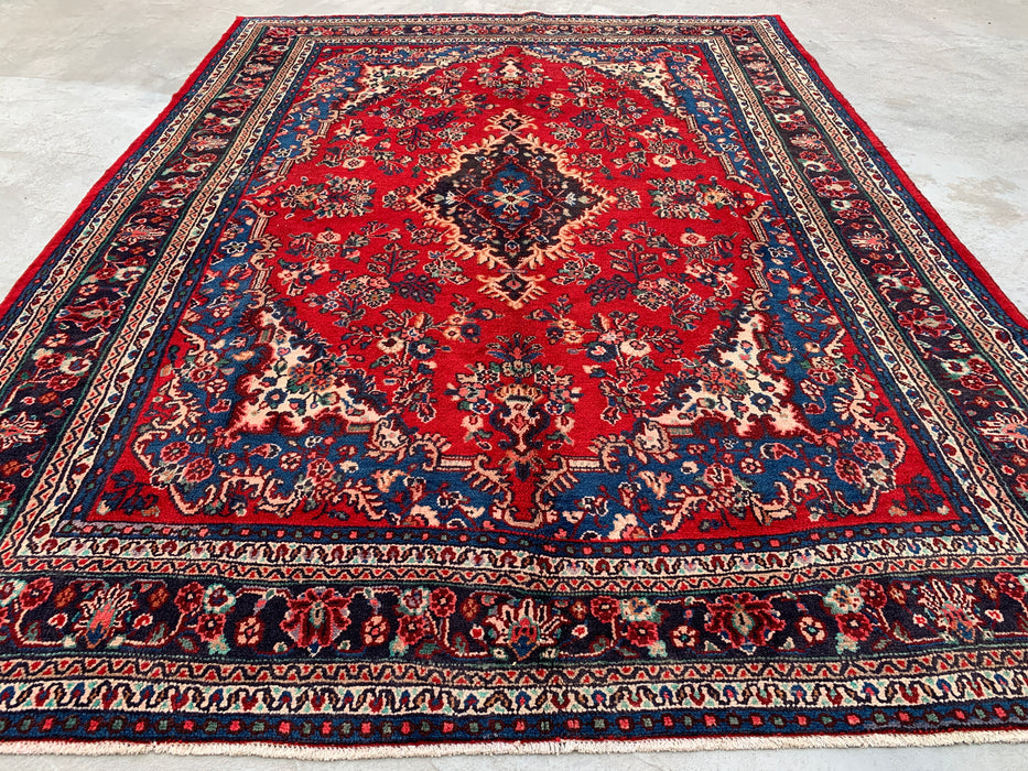 11'8 x 8'9 handgeknoopt Perzisch wollen tapijt met traditioneel medaillonontwerp in rood, blauw en ivoor | KBHM-1058