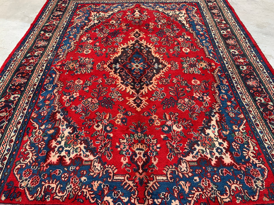 11'8 x 8'9 handgeknoopt Perzisch wollen tapijt met traditioneel medaillonontwerp in rood, blauw en ivoor | KBHM-1058