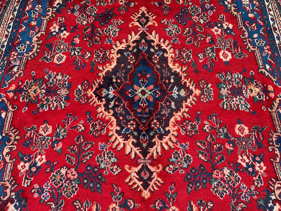 11'8 x 8'9 handgeknoopt Perzisch wollen tapijt met traditioneel medaillonontwerp in rood, blauw en ivoor | KBHM-1058