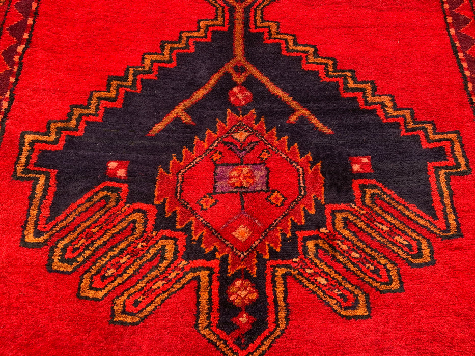 9'6 x 3'10 Handgeknoopt Perzisch wollen loperkleed in rood, marineblauw en goud met tribaal geometrisch medaillonontwerp | KBHM-1059