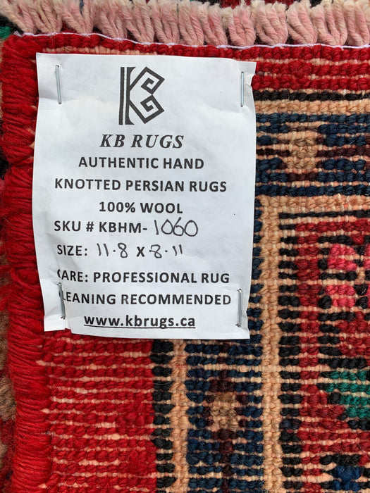 11'8 x 8'11 handgeknoopt Perzisch wollen tapijt in rood, blauw & ivoor met traditioneel medaillonontwerp | KBHM-1060