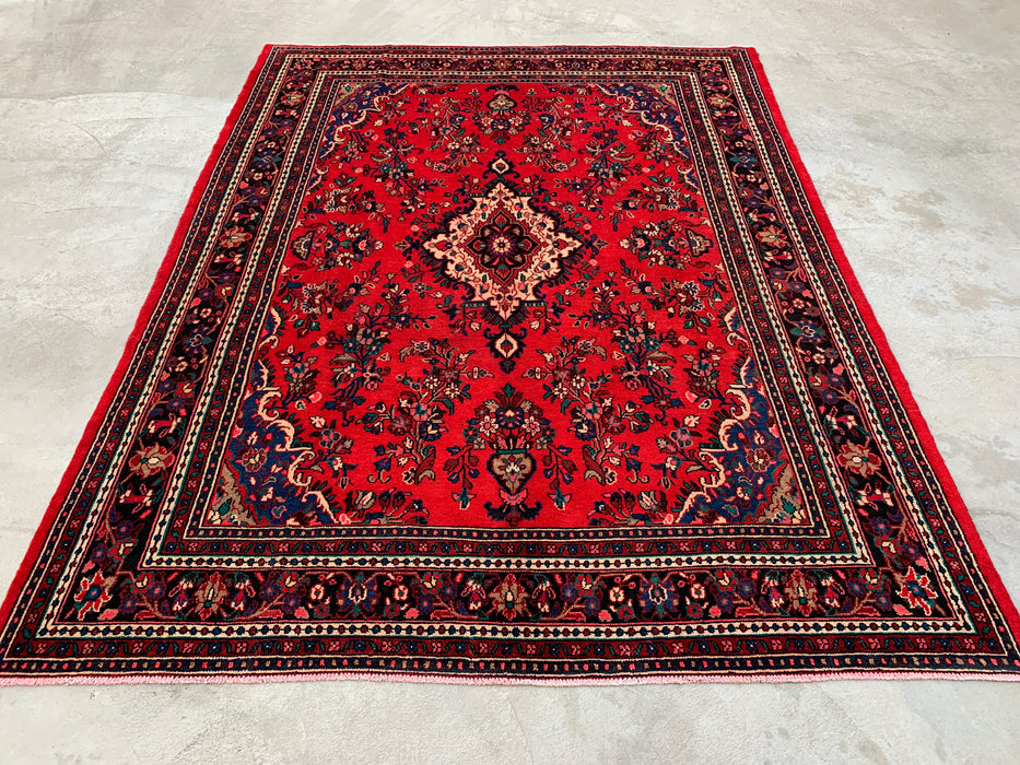 11'8 x 8'11 handgeknoopt Perzisch wollen tapijt in rood, blauw & ivoor met traditioneel medaillonontwerp | KBHM-1060