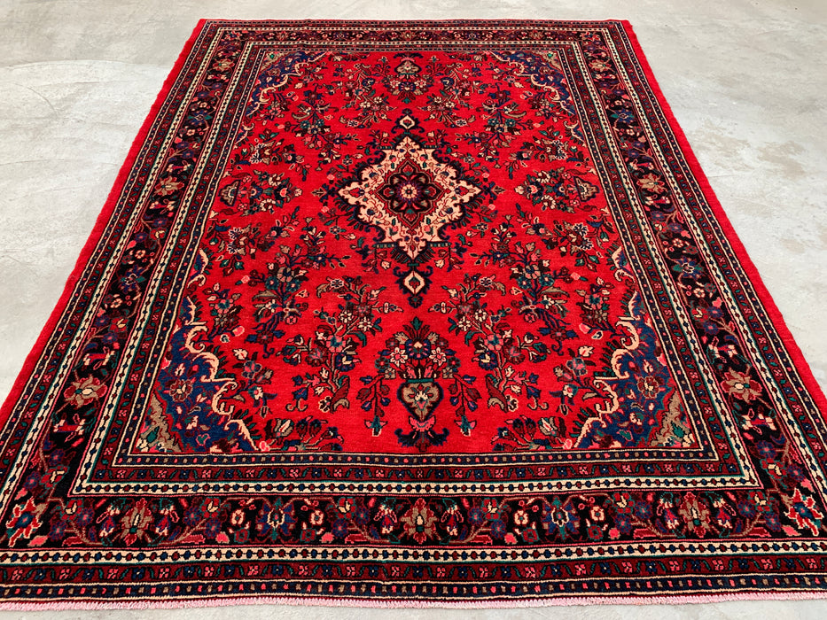 11'8 x 8'11 handgeknoopt Perzisch wollen tapijt in rood, blauw & ivoor met traditioneel medaillonontwerp | KBHM-1060