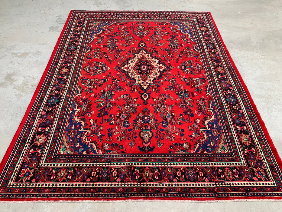 11'8 x 8'11 handgeknoopt Perzisch wollen tapijt in rood, blauw & ivoor met traditioneel medaillonontwerp | KBHM-1060