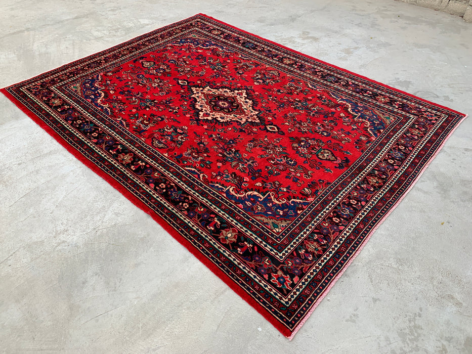 11'8 x 8'11 handgeknoopt Perzisch wollen tapijt in rood, blauw & ivoor met traditioneel medaillonontwerp | KBHM-1060