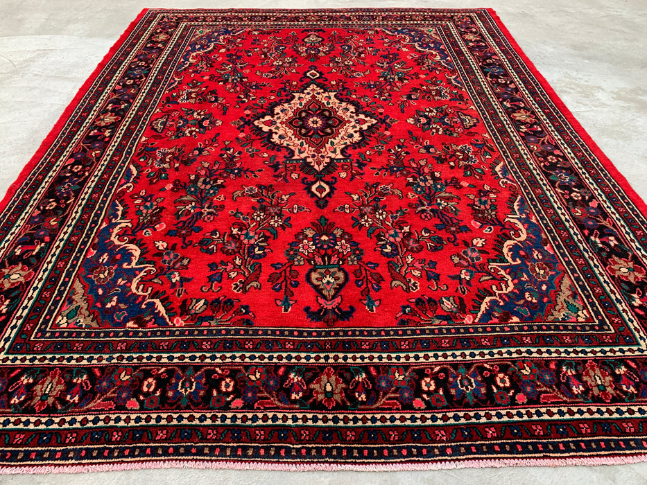 11'8 x 8'11 handgeknoopt Perzisch wollen tapijt in rood, blauw & ivoor met traditioneel medaillonontwerp | KBHM-1060