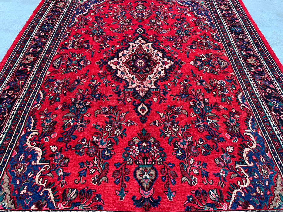 11'8 x 8'11 handgeknoopt Perzisch wollen tapijt in rood, blauw & ivoor met traditioneel medaillonontwerp | KBHM-1060