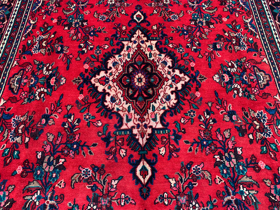 11'8 x 8'11 handgeknoopt Perzisch wollen tapijt in rood, blauw & ivoor met traditioneel medaillonontwerp | KBHM-1060