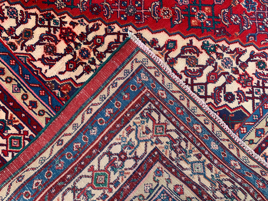 11'7 x 8'10 Handgeknoopt Perzisch wollen tapijt in rood, blauw & ivoor met traditioneel medaillonontwerp | KBHM-1061
