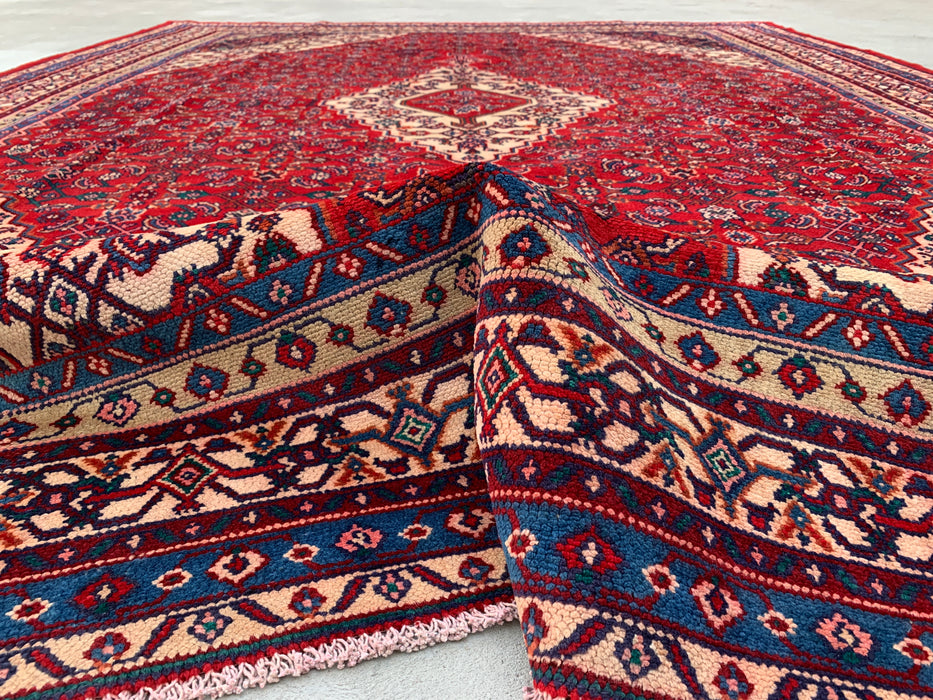 11'7 x 8'10 Handgeknoopt Perzisch wollen tapijt in rood, blauw & ivoor met traditioneel medaillonontwerp | KBHM-1061