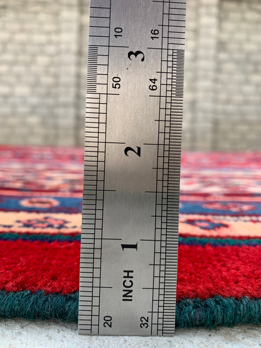 11'7 x 8'10 Handgeknoopt Perzisch wollen tapijt in rood, blauw & ivoor met traditioneel medaillonontwerp | KBHM-1061