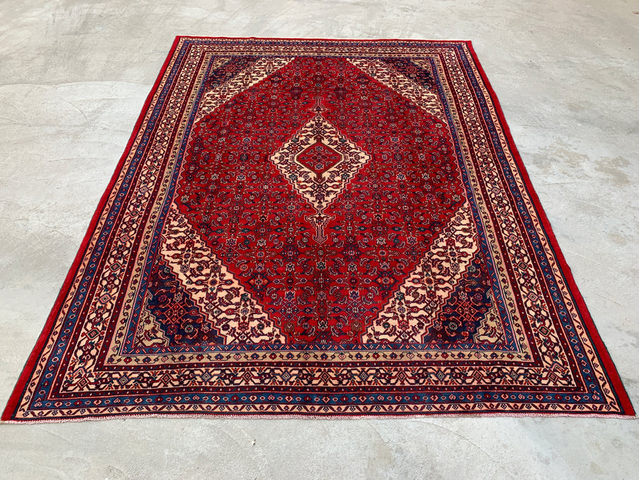 11'7 x 8'10 Handgeknoopt Perzisch wollen tapijt in rood, blauw & ivoor met traditioneel medaillonontwerp | KBHM-1061