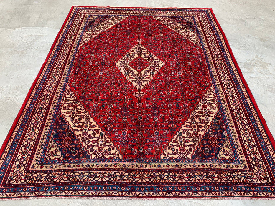 11'7 x 8'10 Handgeknoopt Perzisch wollen tapijt in rood, blauw & ivoor met traditioneel medaillonontwerp | KBHM-1061